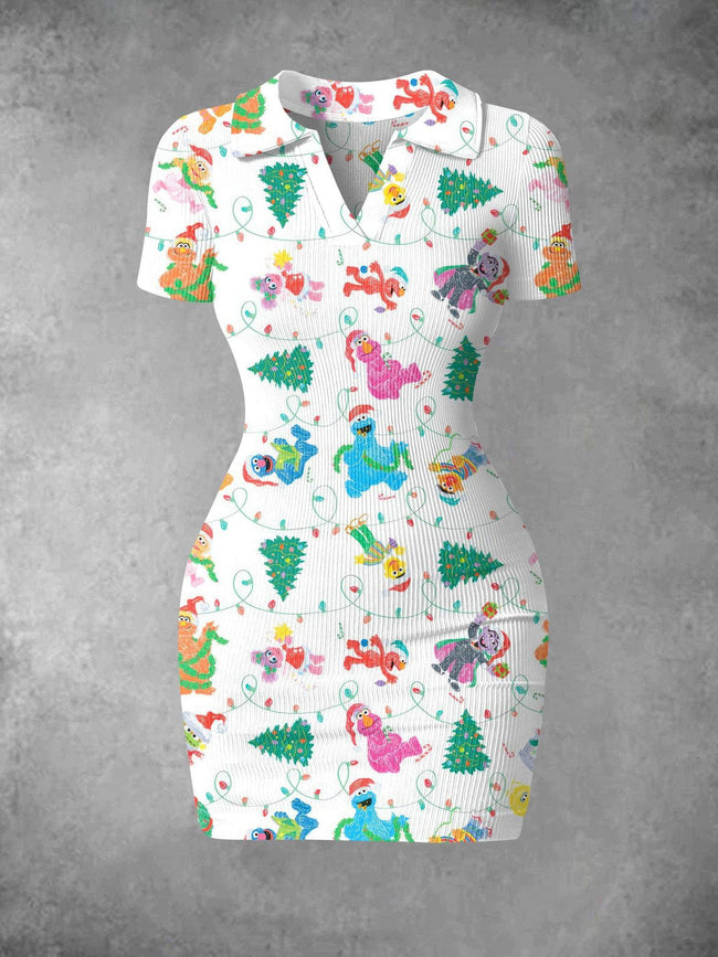 Women's Vintage Christmas Cute Cartoon Print Ribbed Bodycon Mini Dress