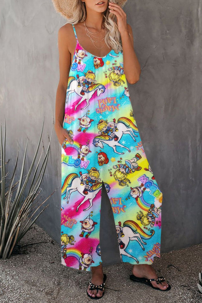 Vintage 1980s Rainbow Girl Print Wide leg Jumpsuit with Pockets
