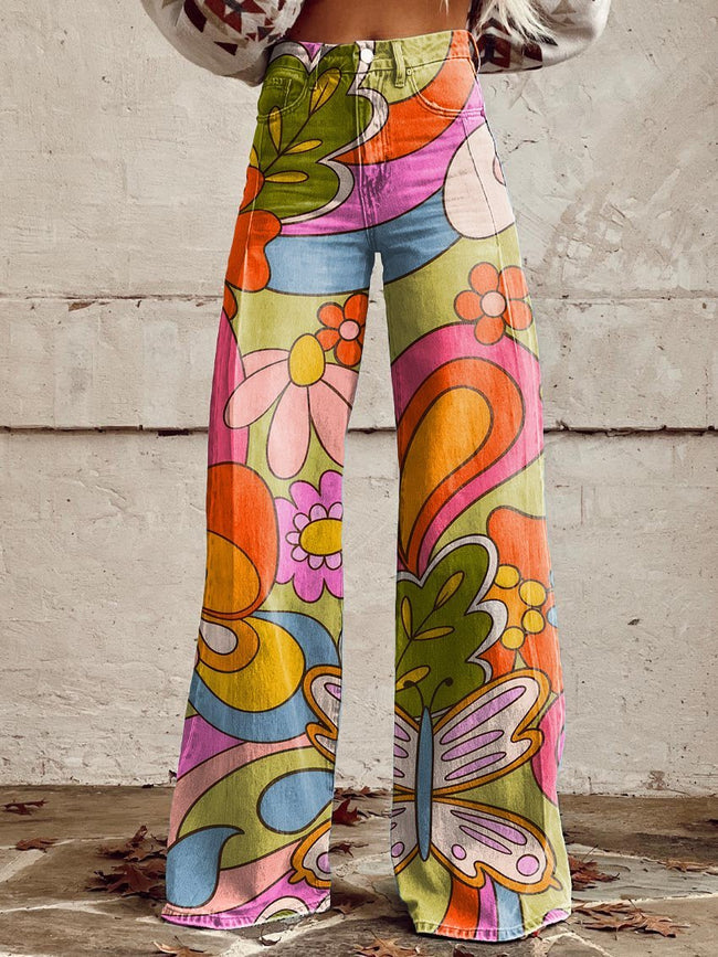 Women's Vintage Colorful Hippie Print Casual Wide Leg Pants