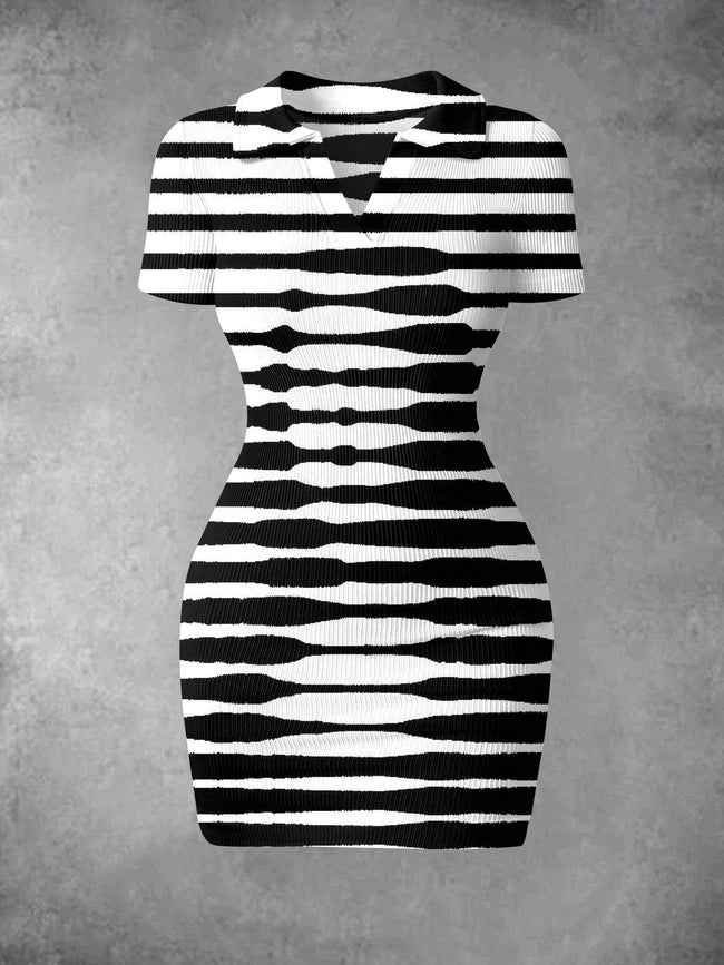 Women's Vintage Stripe Art Print Ribbed Bodycon Mini Dress