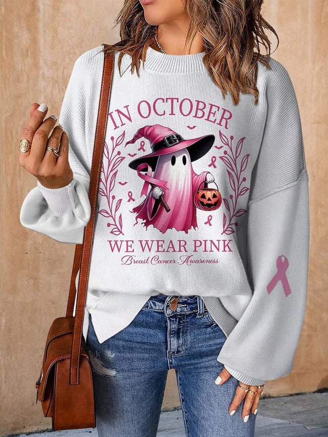 In October We Wear Pink Halloween Ghost Breast Cancer Awareness Print Casual Knit Pullover Sweater