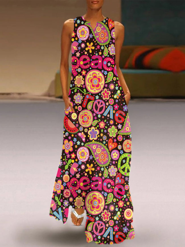 Hippie Peace Floral Print V-Neck Maxi Dress