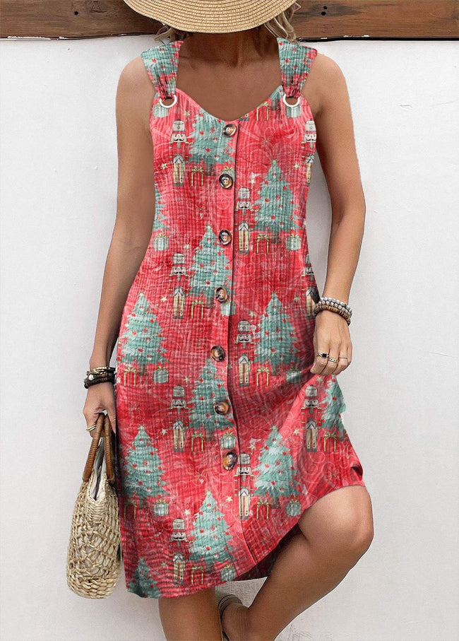 Vintage Christmas Cartoon Print Sleeveless V Neck Dress