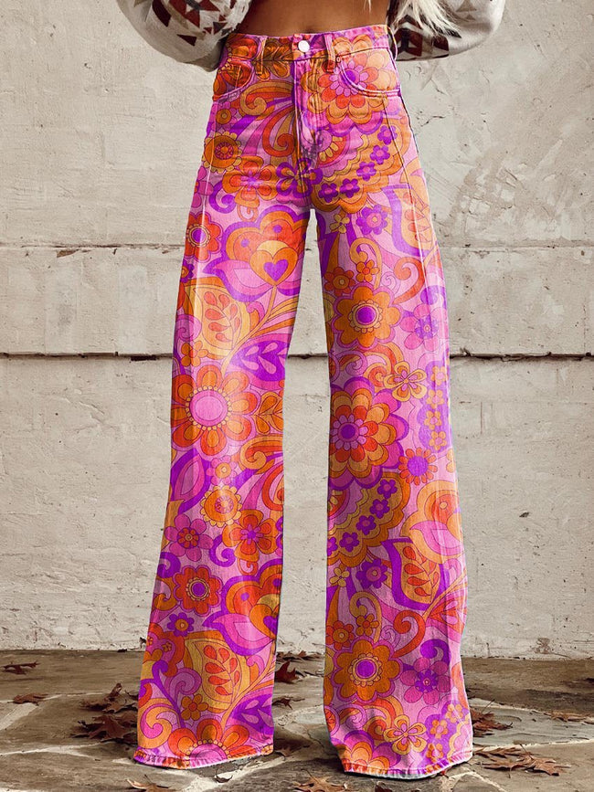 Women's Vintage Colorful Hippie Floral Print Casual Wide Leg Pants