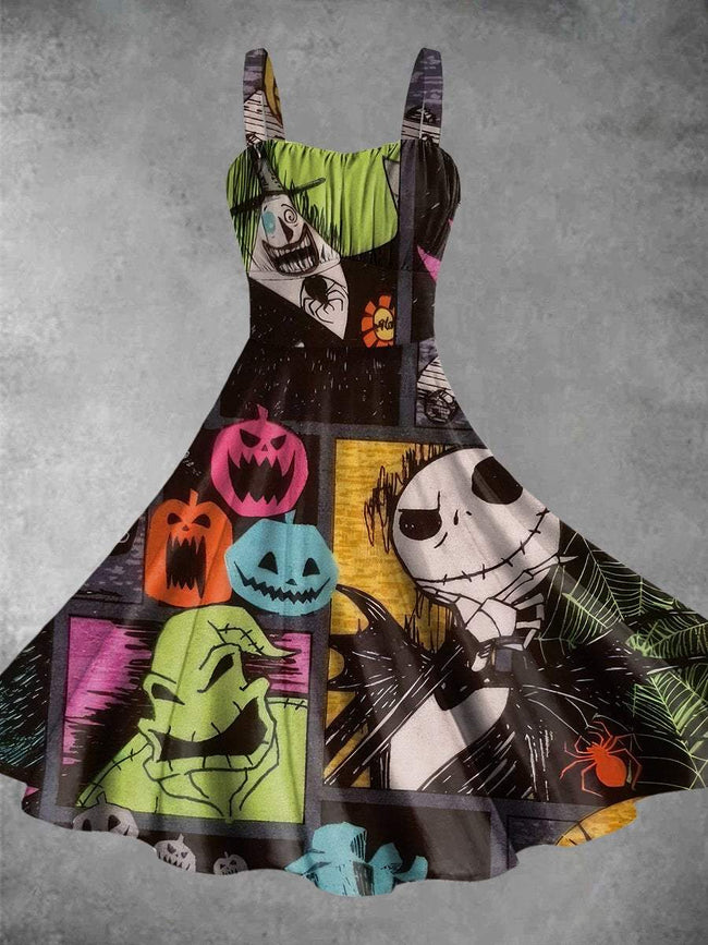 Vintage Halloween Nightmare Print Backless Dress