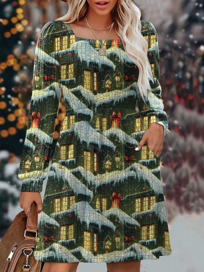 Vintage Snow House Print Knit Sweater Dress with Pockets