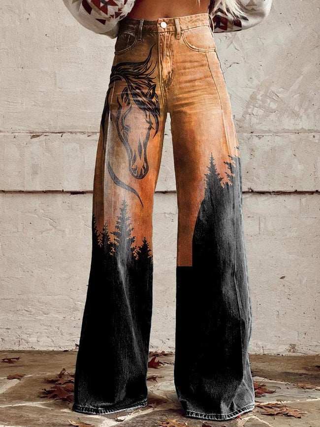 Women's Vintage Horse Lover Forest Print Casual Wide Leg Pants