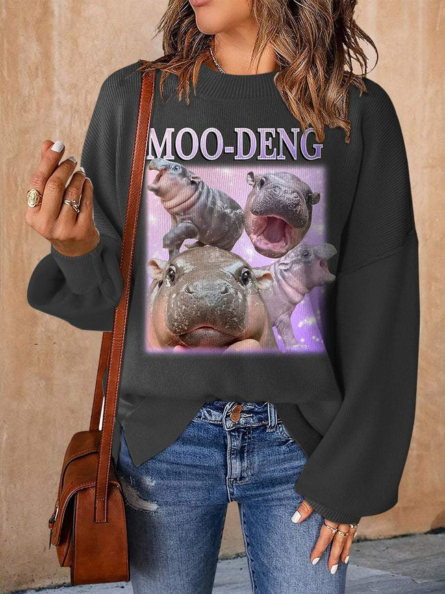 Moo-Deng Pygmy Hippo Print Casual Knit Pullover Sweater