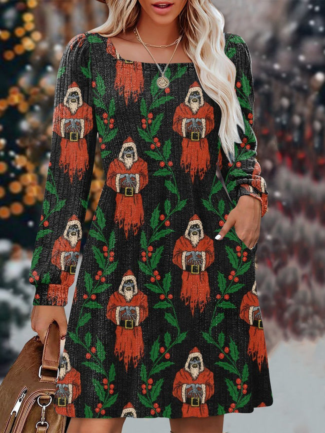 Vintage Christmas Monster Print Knit Sweater Dress with Pockets