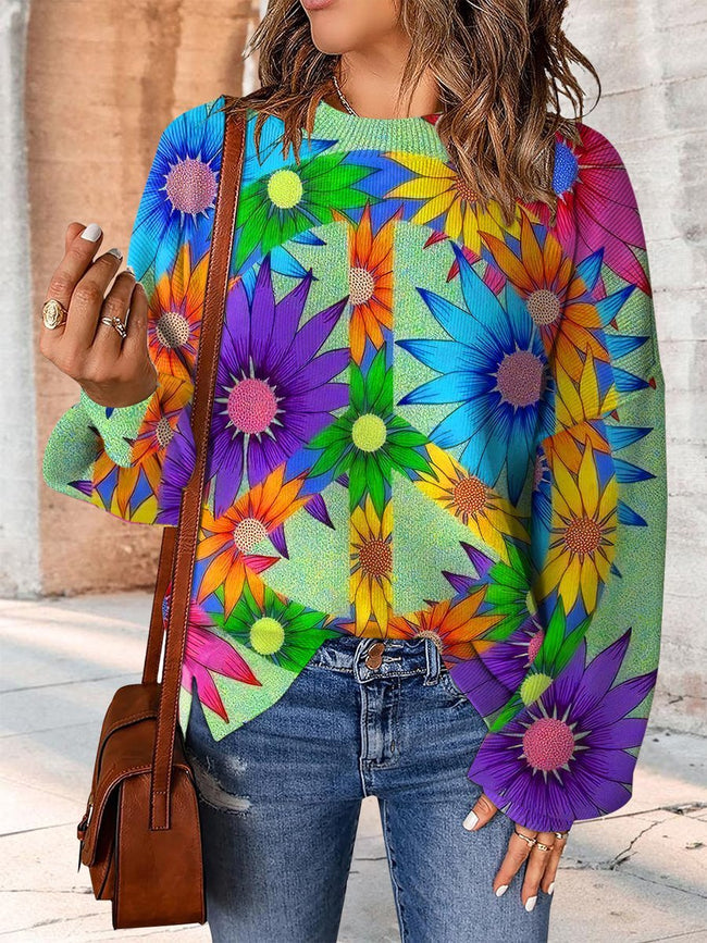 Peace And Love Flower Art Print Casual Knit Pullover Sweater