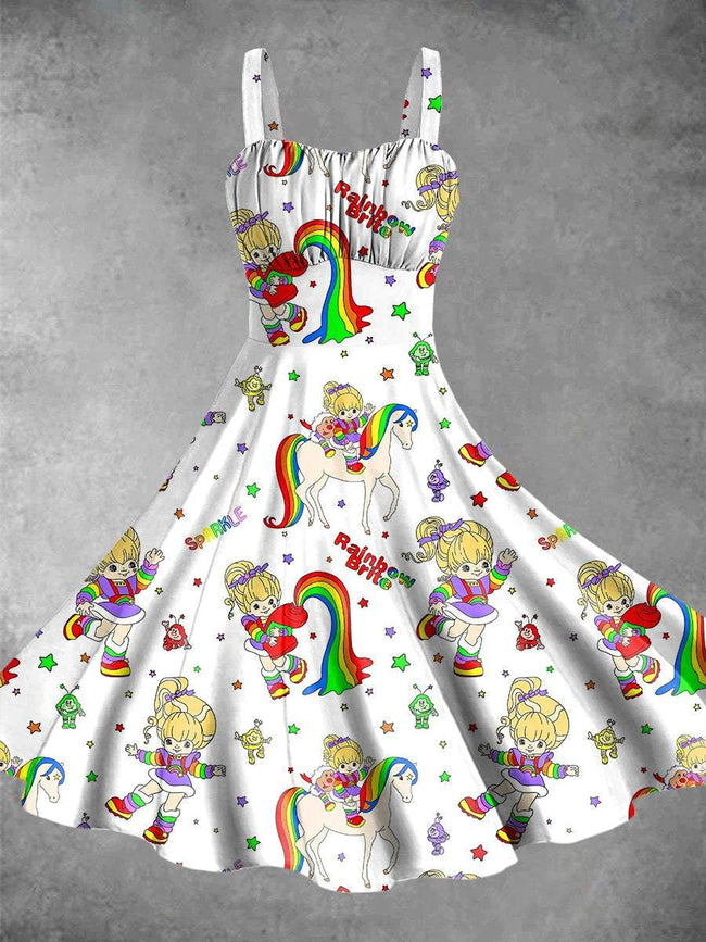 Vintage 1980s Rainbow Girl Print Backless Dress