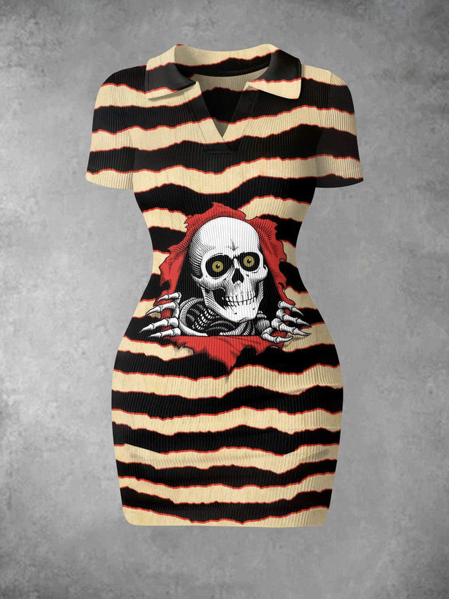 Women's Vintage Skull Probe Halloween Print Ribbed Bodycon Mini Dress