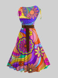 Cinched Shoulder Surplice Plunge Belted Sleeveless Vintage Hippie Print Midi Dress