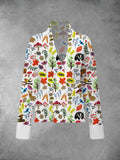 Women‘s Casual Natural Life Embroidery Print Stand Collar Cardigan