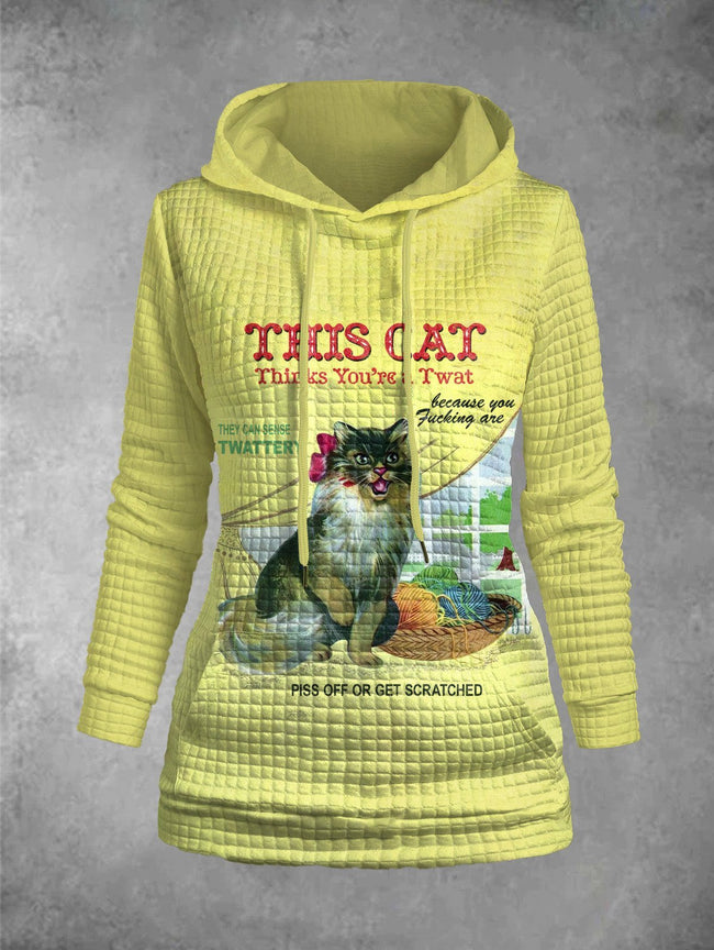 Funny Cat Print Graphic Plaid Embossed Hoodie Pocket Hoodie