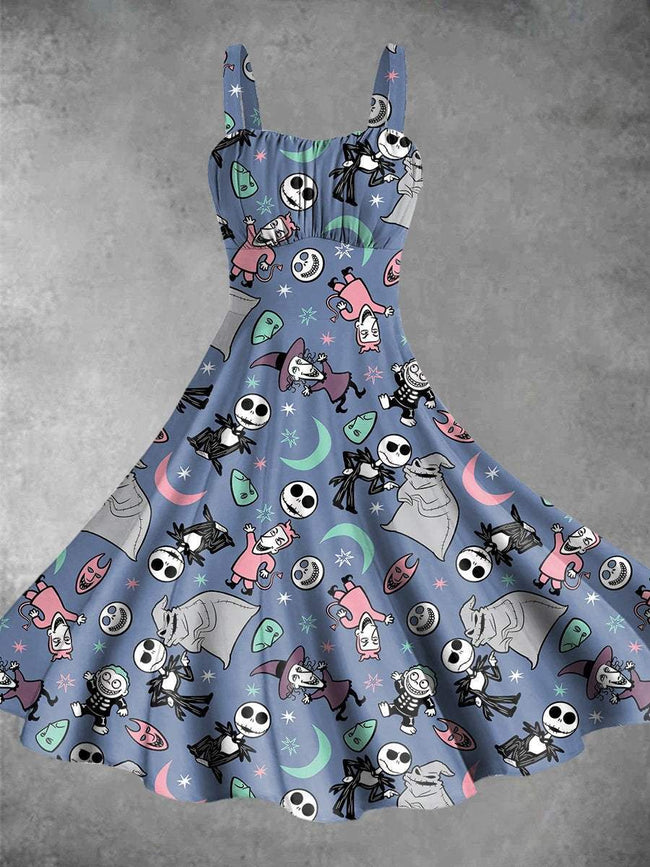 Vintage Halloween Nightmare Print Backless Dress