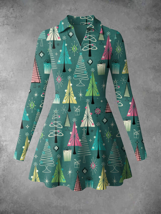 Vintage Christmas Trees Print A-Line Ribbed Zipper Mini Dress