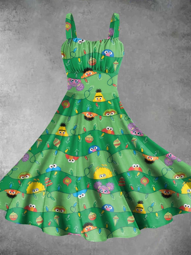 Vintage Christmas Cute Cartoon Print Backless Dress