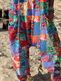 Floral Pattern Hippie Art Print Casual 100% Cotton Wide Leg Jumpsuit