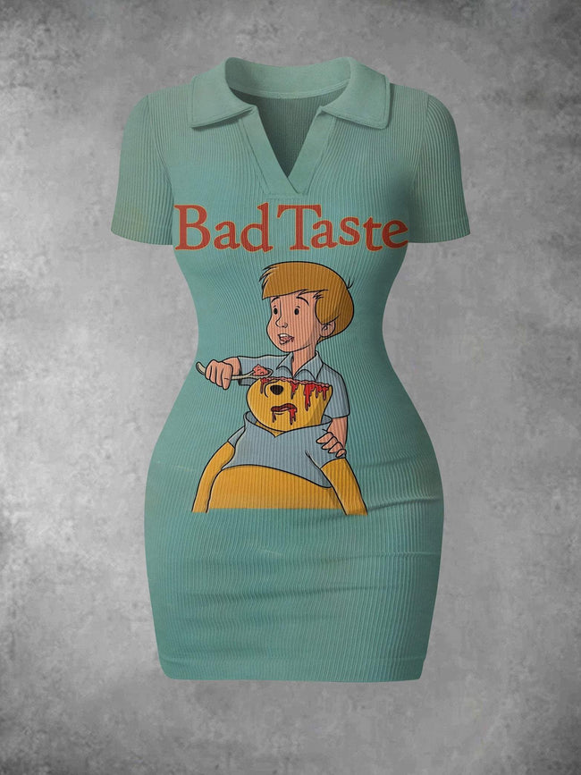 Women's Vintage Bad Taste Punch Halloween Print Ribbed Bodycon Mini Dress