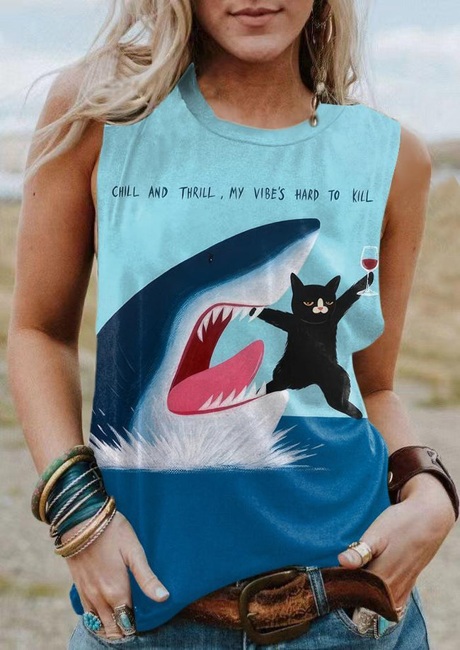 Vintage Funny Shark and Black Cat Print Tank Top