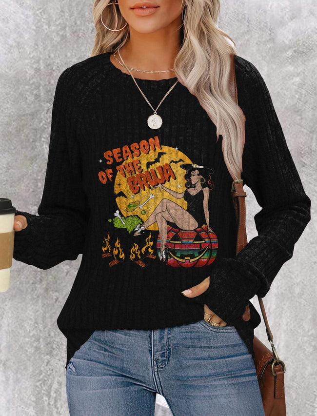 Vintage Witch Print Lightweight Fall Shirt with Thumb Holes