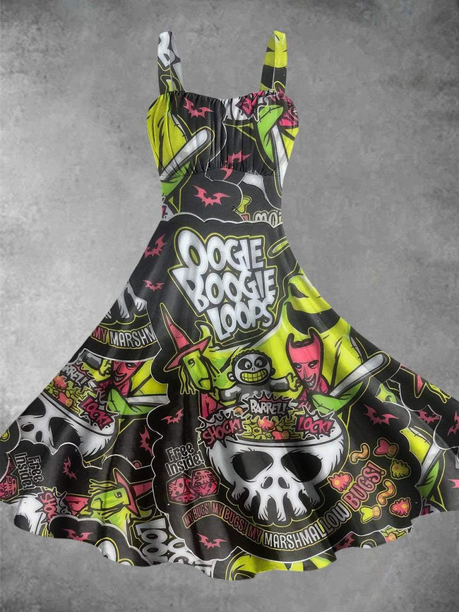 Vintage Halloween Nightmare Print Backless Dress