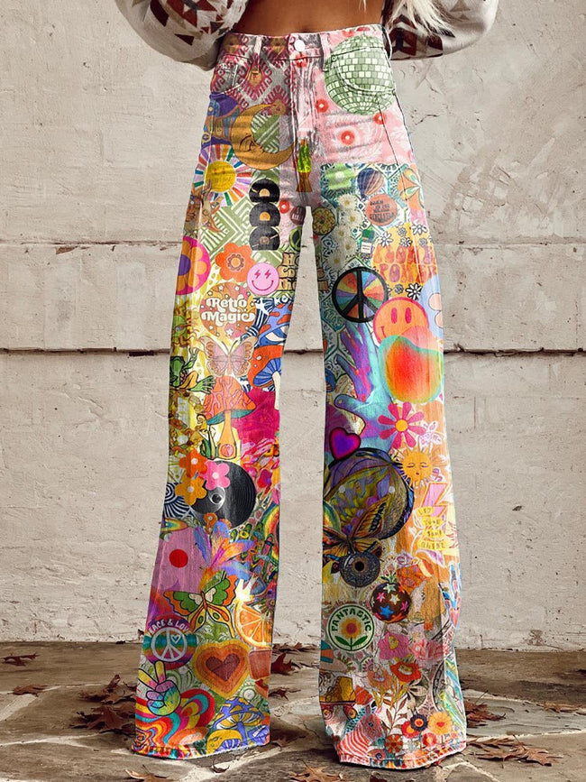 Women's Retro Hippie Peace And Love Print Casual Wide Leg Pants