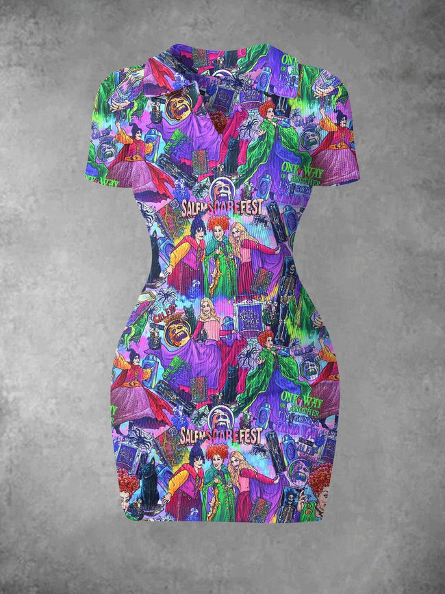 Women's Vintage Halloween Magic Witch Print Ribbed Bodycon Mini Dress