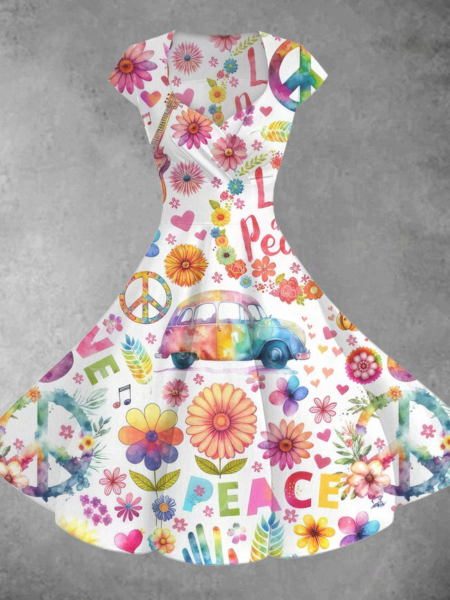 Vintage 1960s Peace And Love Floral Print Swing Dresses