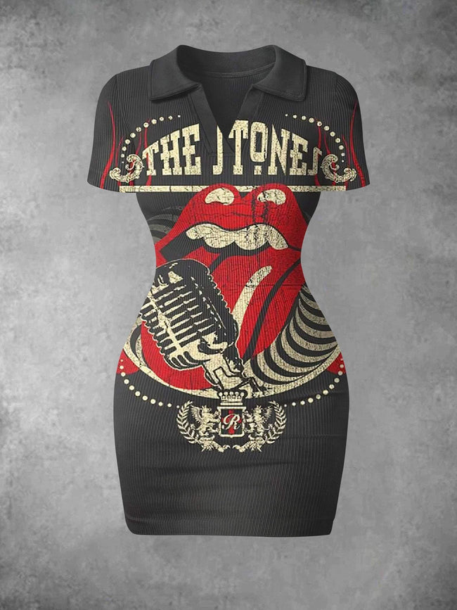 Women's Retro Poster Music Print Ribbed Bodycon Mini Dress