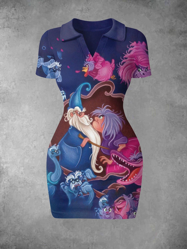 Women's Vintage Wizards and Witches Halloween Print Ribbed Bodycon Mini Dress