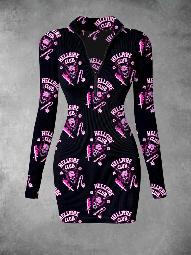 Vintage Hellfire Club Print Ribbed Zip Front Long Sleeve Mini Dress