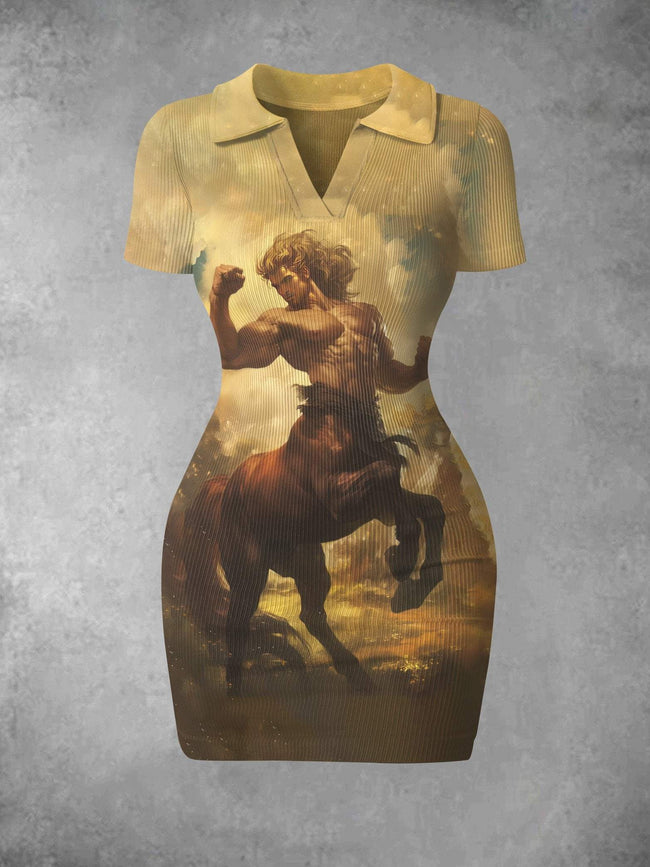 Women's Vintage Centaur Print Ribbed Bodycon Mini Dress