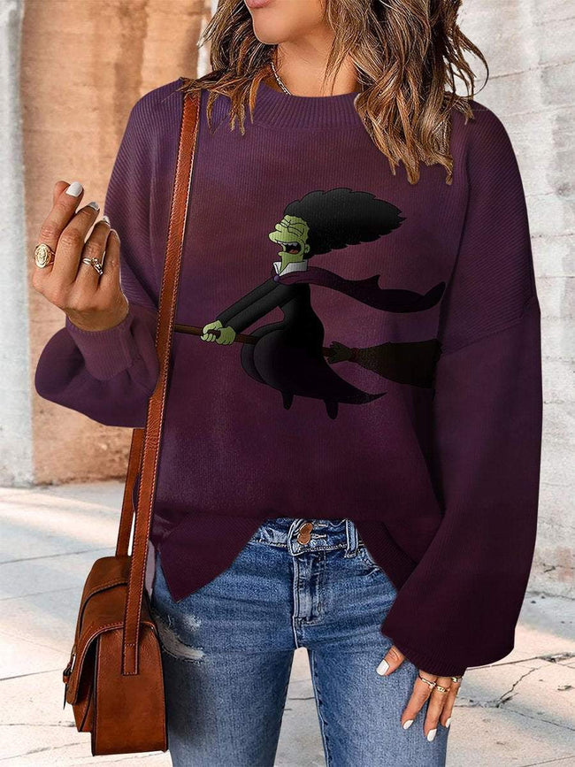 Vintage Witch Print Casual Knit Pullover Sweater