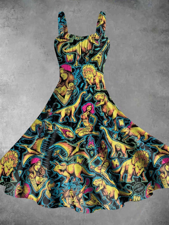 Vintage Gothic Dinosaur Girls Fire Flame Halloween Print Backless Dress