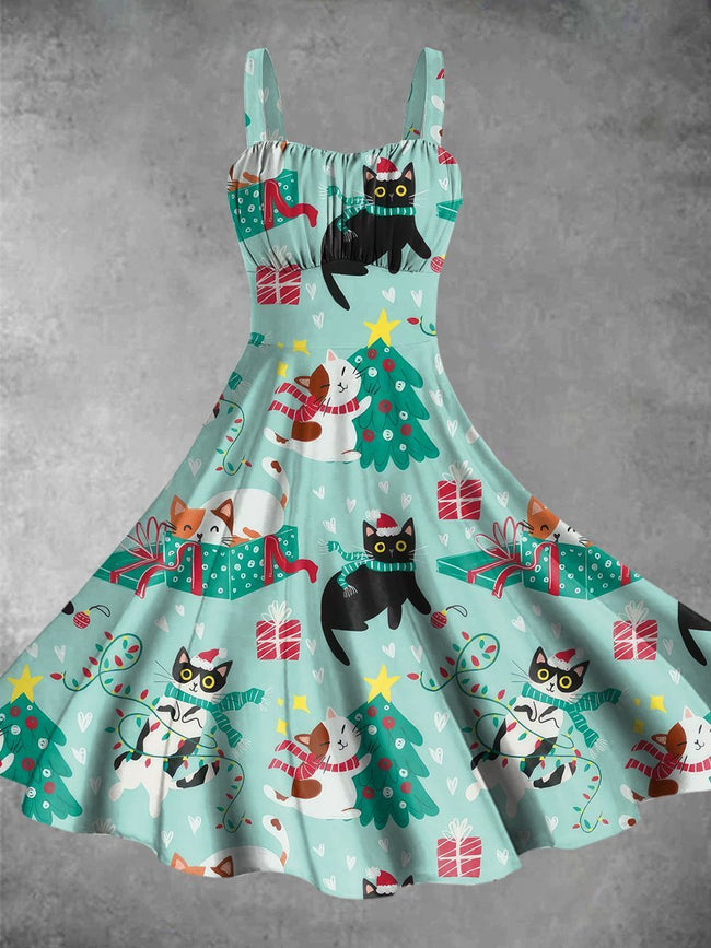 Vintage Christmas Cat Print Backless Dress