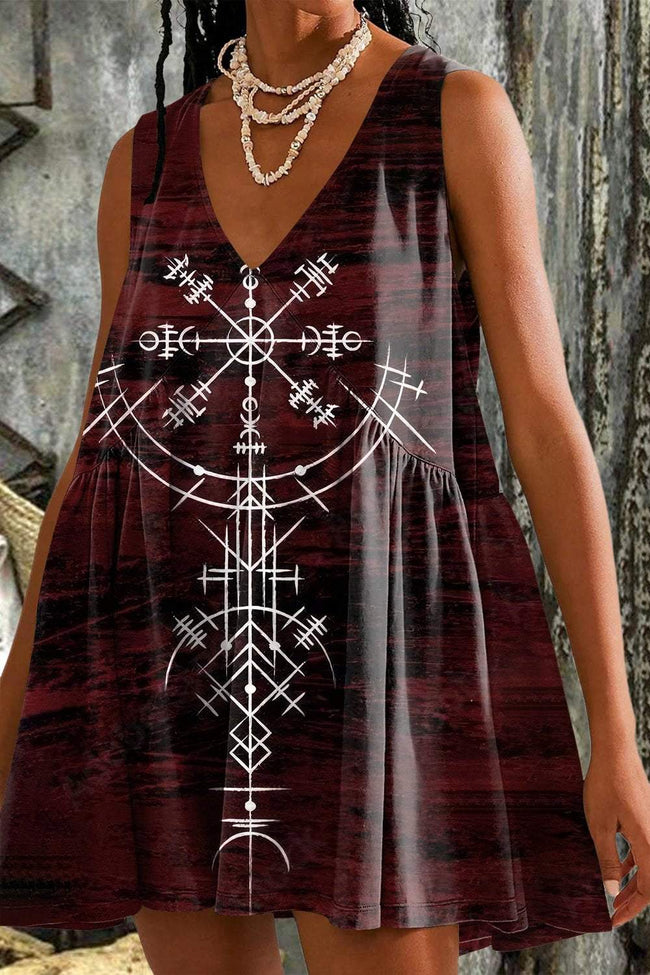 Women's Viking Compass Totem Tie Dye Print Mini Dress Sundress with Pockets