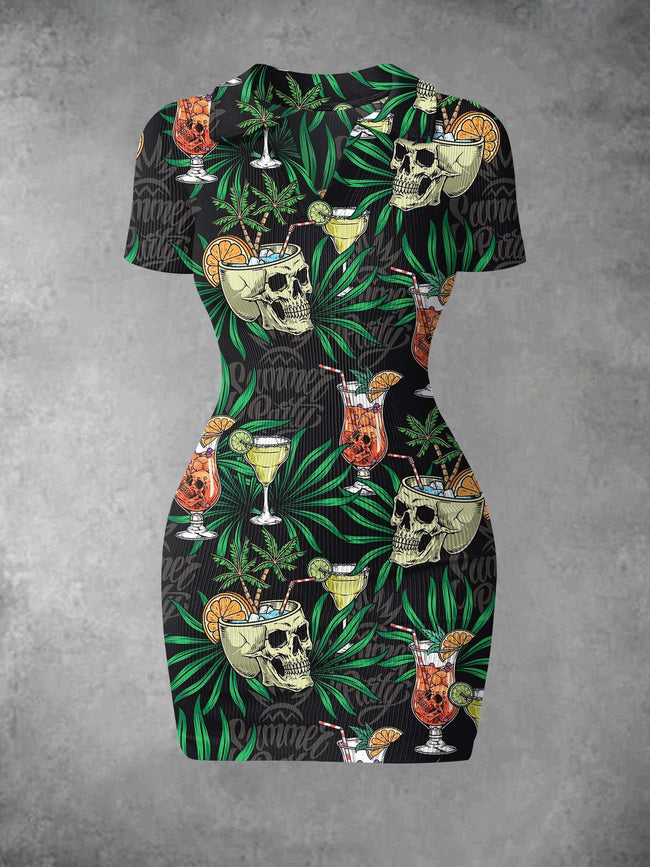 Women's Vintage Summer Skull Cocktail Print Ribbed Bodycon Mini Dress