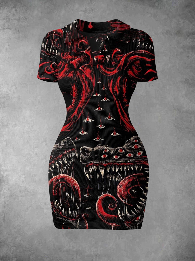 Women's Multi-eyed Monster Roaring Print Ribbed Bodycon Mini Dress