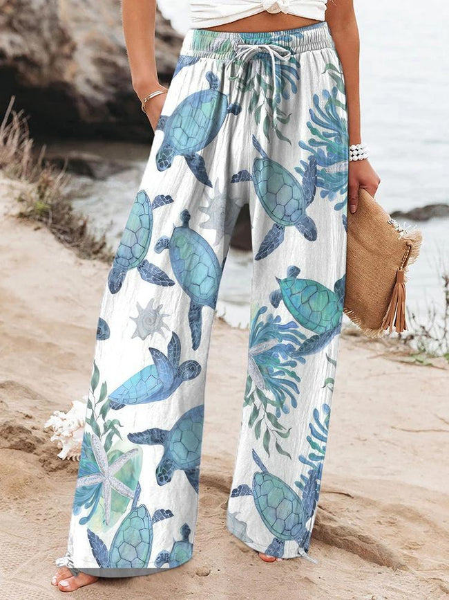 Women's Hawaiian Turtle Printed Cotton And Linen Casual Pants