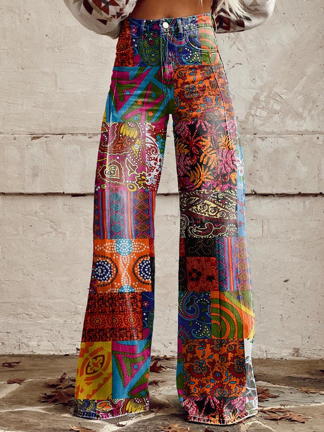 Women's Vintage Colorful Hippie Color Block Print Casual Wide Leg Pants