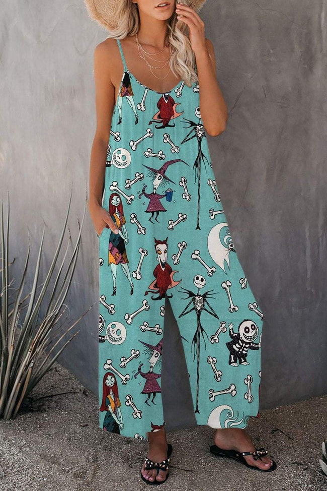 Vintage Halloween Nightmare Print Wide leg Jumpsuit with Pockets