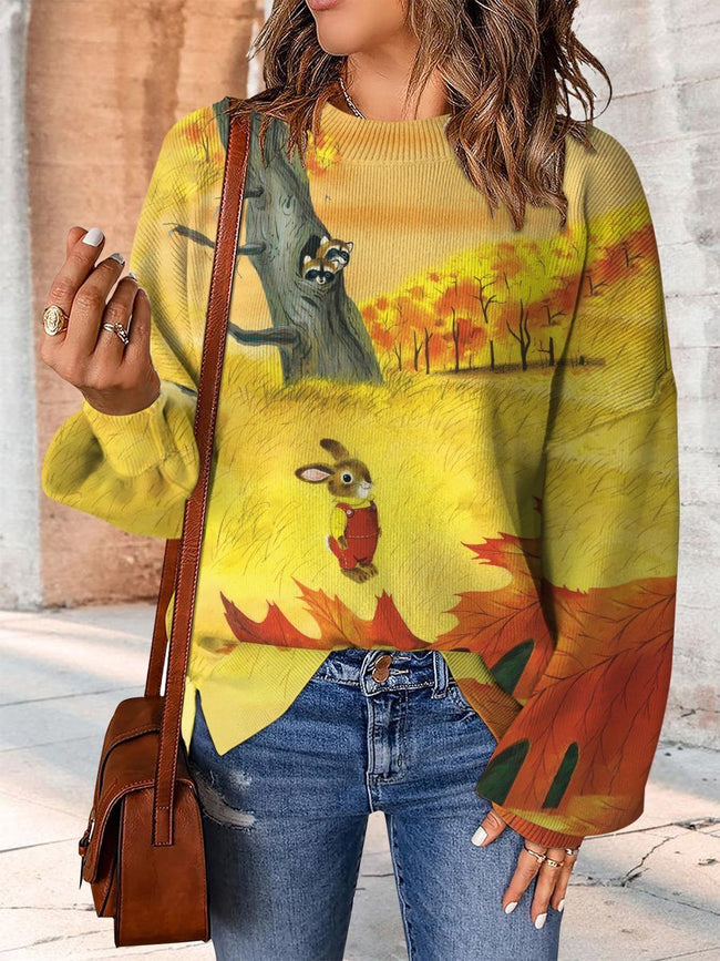 Colorful Autumn Rabbit Print Casual Knit Pullover Sweater