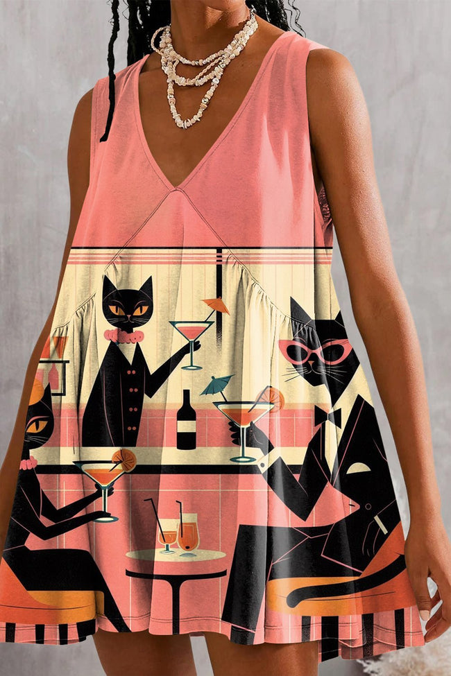 Women's Cats Cocktail Print Mini Dress Sundress with Pockets