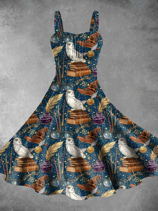 Vintage Halloween Wizard Print Backless Dress