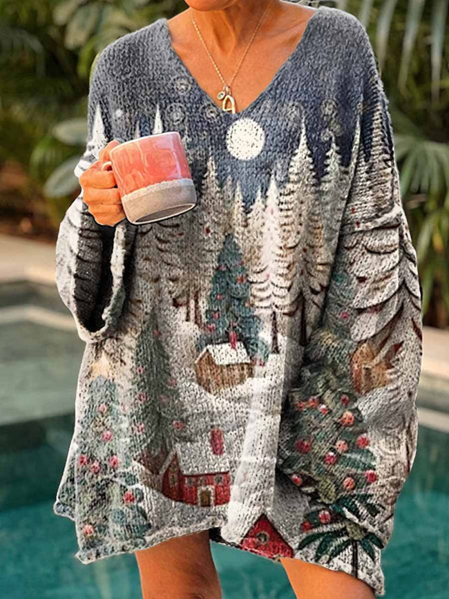 Women's Winter Christmas Art Pattern Casual V Neck Pullover Sweater