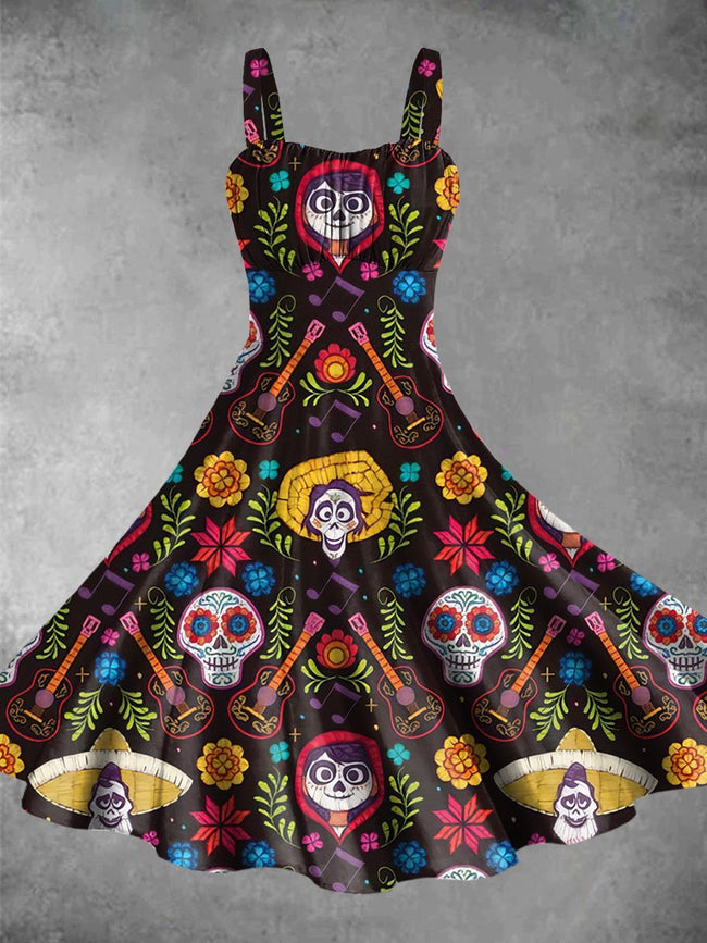 Vintage Day of the Dead Print Backless Dress