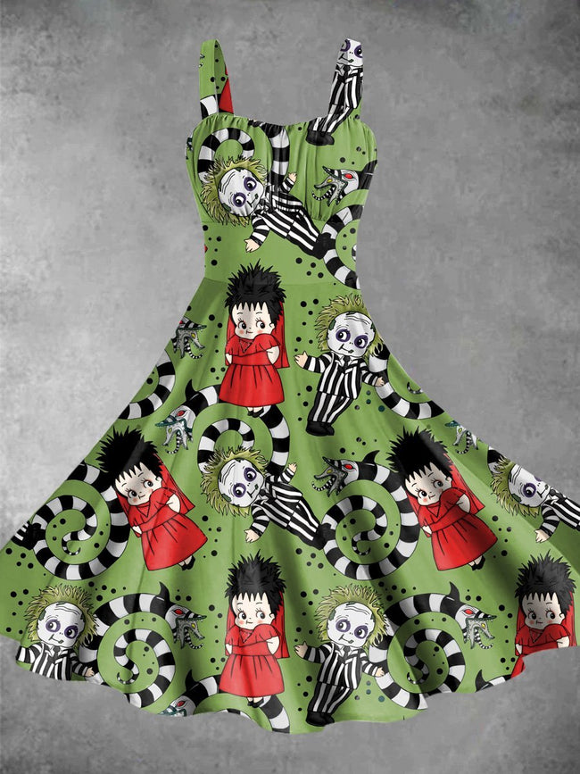 Vintage Cartoon Character Print Backless Dress