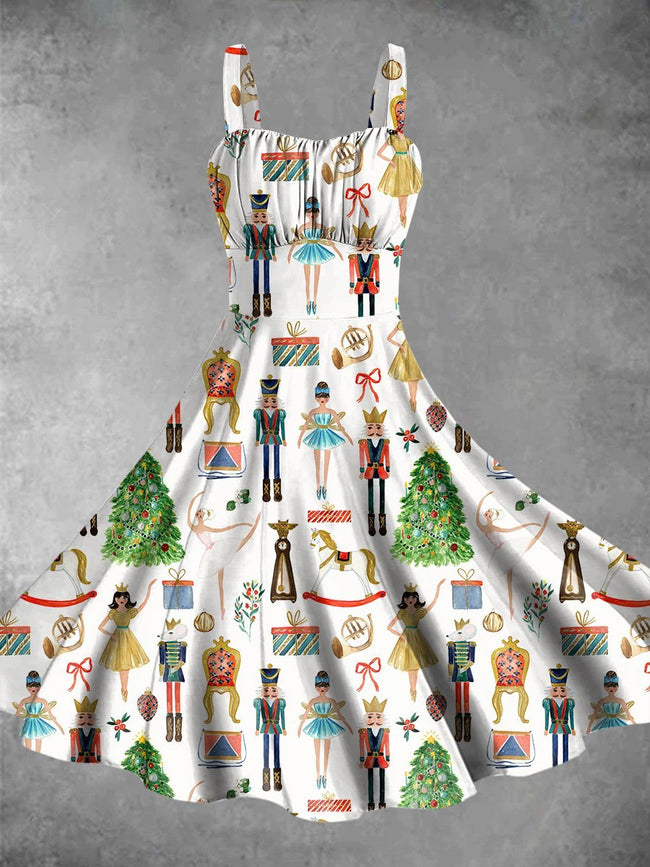 Vintage Christmas Nutcracker Print Backless Dress